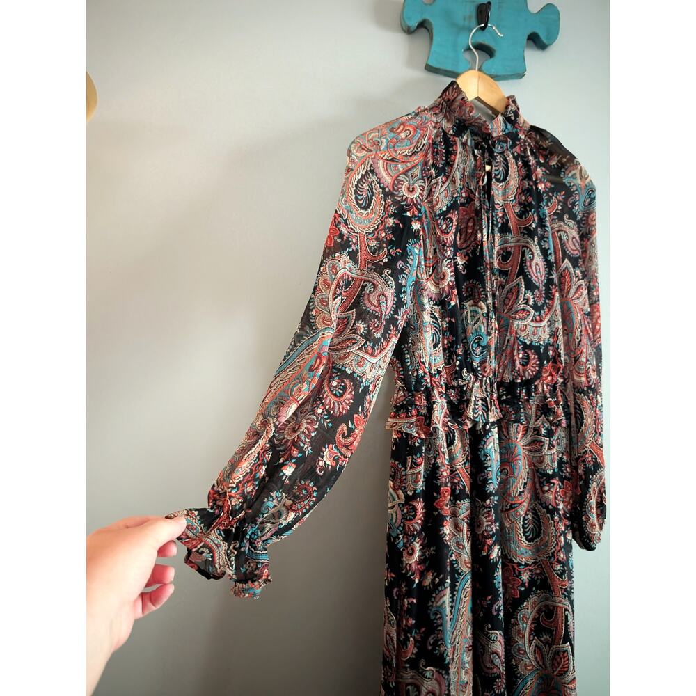 BR x Olivia Palermo Silk Paisley Hi-Low Maxi Dress Black Teal Orange XS